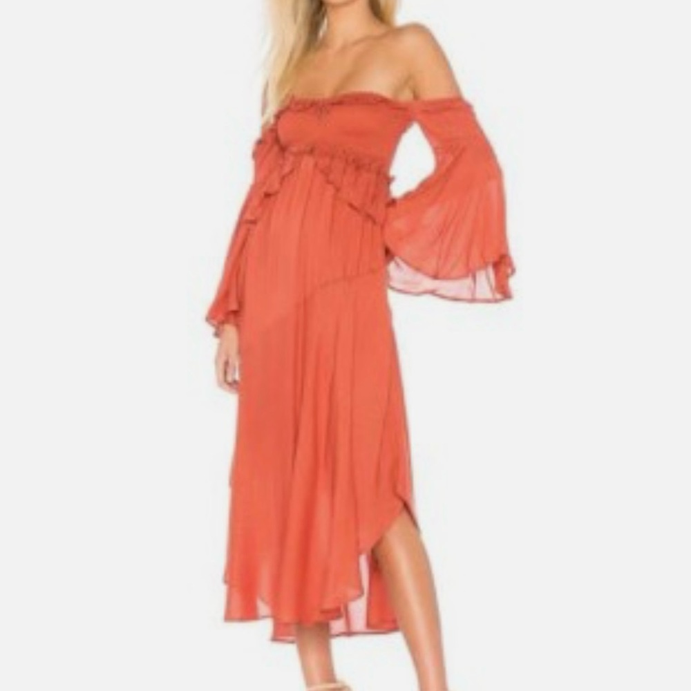 Spell. Elegant Rust Dress with Flared Sleeves. Size S.